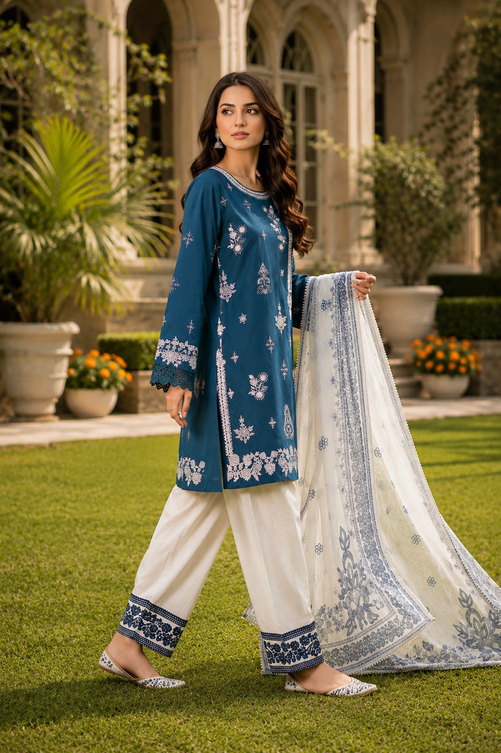 Roshni Blue Lawn Dress Side View with White Embroidered Trouser and Printed Chiffon Dupatta