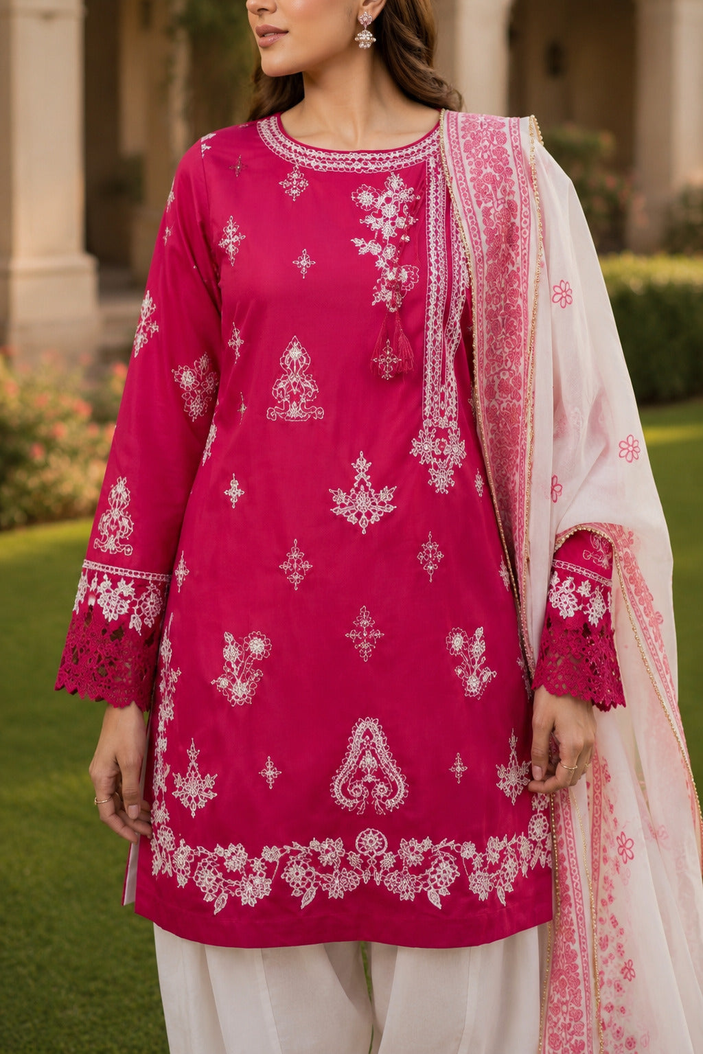 Roshni luxury Pakistani lawn suit in vibrant pink with white embroidery, printed dupatta and straight trousers, full-length front view