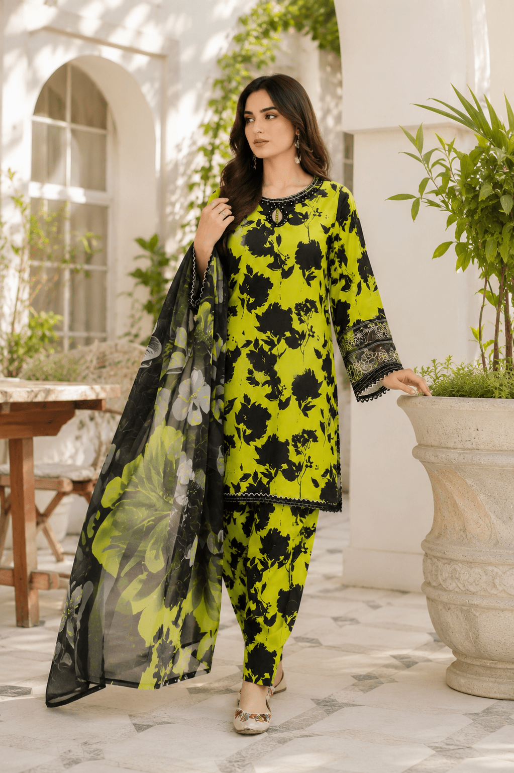 Ameer Sons lime green and black printed 3 piece embroidered lawn suit with dupatta front view for women