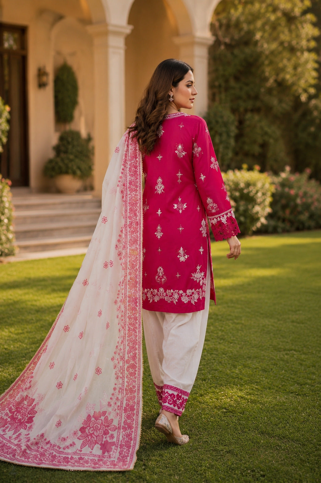 Back view of Roshni fuchsia pink embroidered Pakistani lawn dress with white floral dupatta and embroidered trouser border