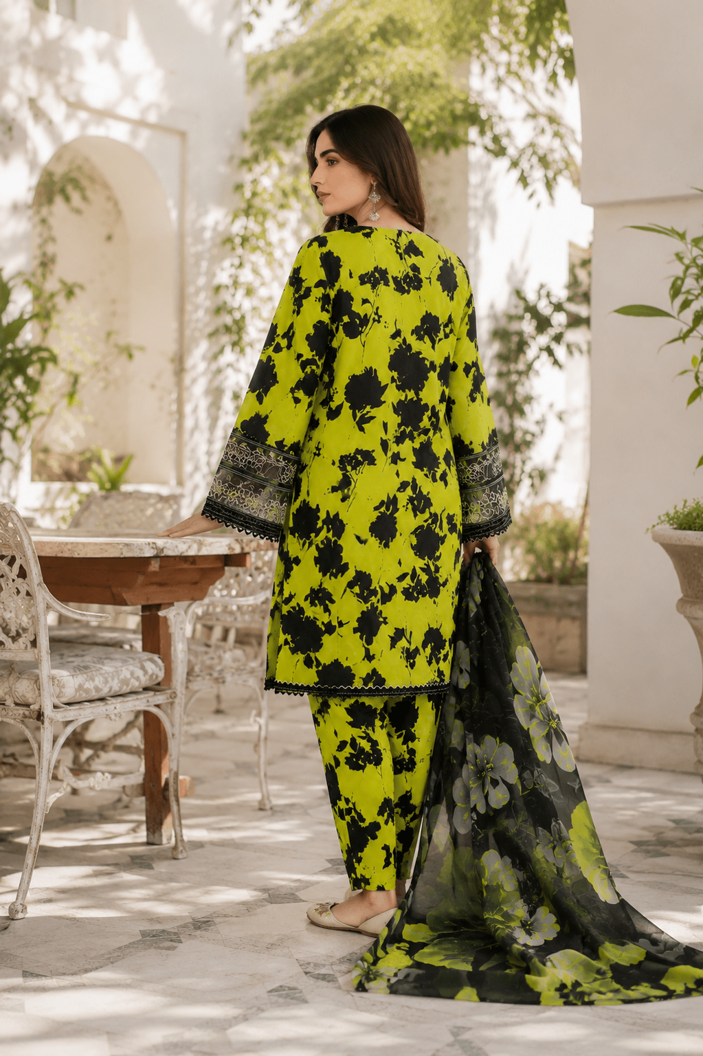 Back view of lime green black printed Pakistani 3 piece lawn suit with matching dupatta by Ameer Sons