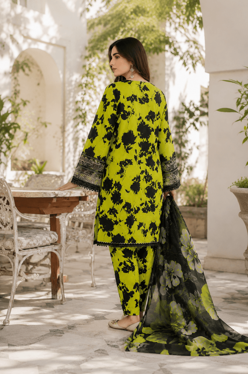 Back view of lime green black printed Pakistani 3 piece lawn suit with matching dupatta by Ameer Sons