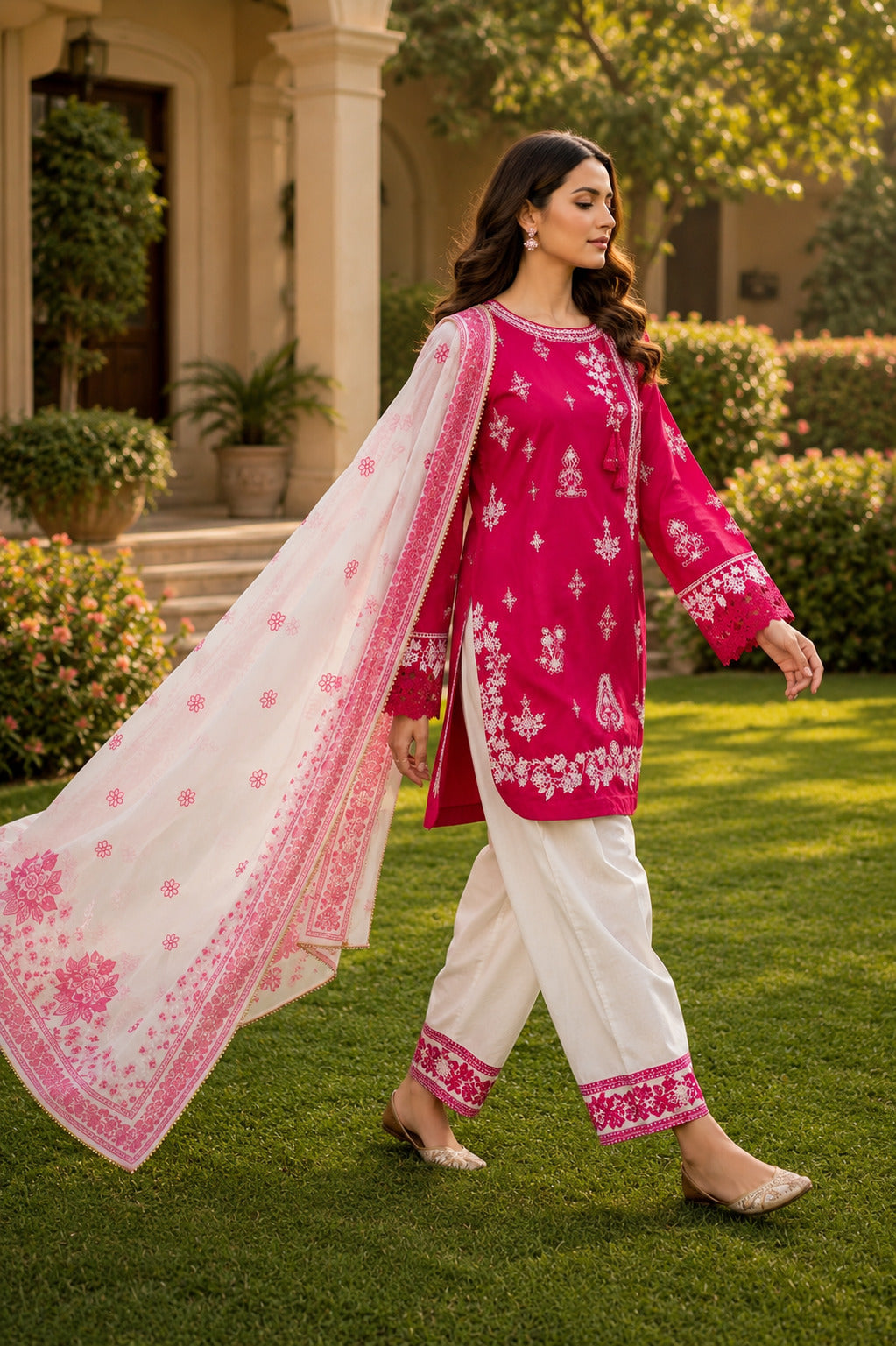 Roshni fuchsia pink embroidered lawn suit with white printed dupatta and ivory trousers, side walking pose in luxury garden setting