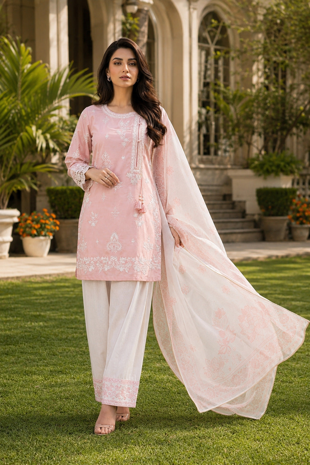 Roshni Approved embroidered 3 piece lawn suit front full view with printed dupatta, wide leg trousers and elegant lawn collection styling in luxury garden setting