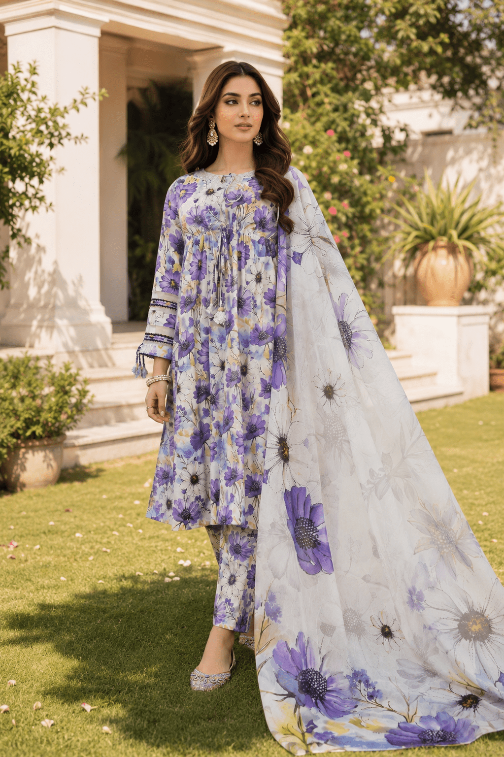 Women's Purple Floral Printed Lawn 3 Piece Suit with Matching Dupatta and Trouser – Premium Pakistani Summer Lawn Collection Outdoor Fashion Shoot
