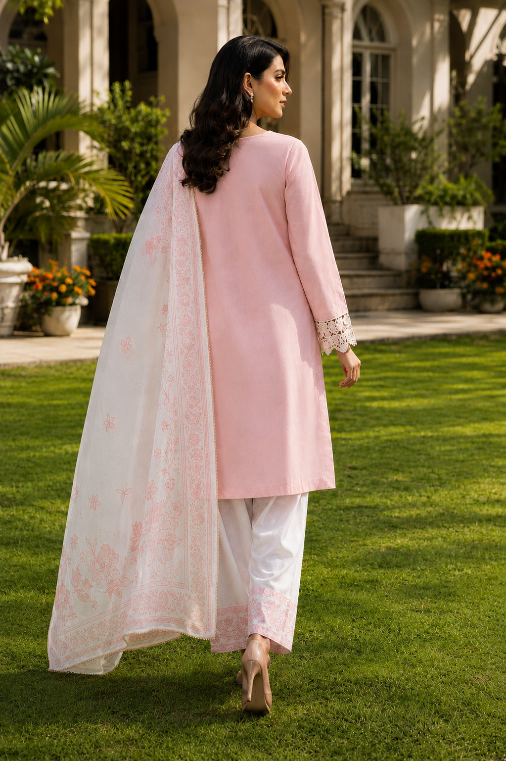Roshni Approved embroidered lawn suit back view showcasing clean shirt fall, printed dupatta border details and designer Pakistani summer outfit