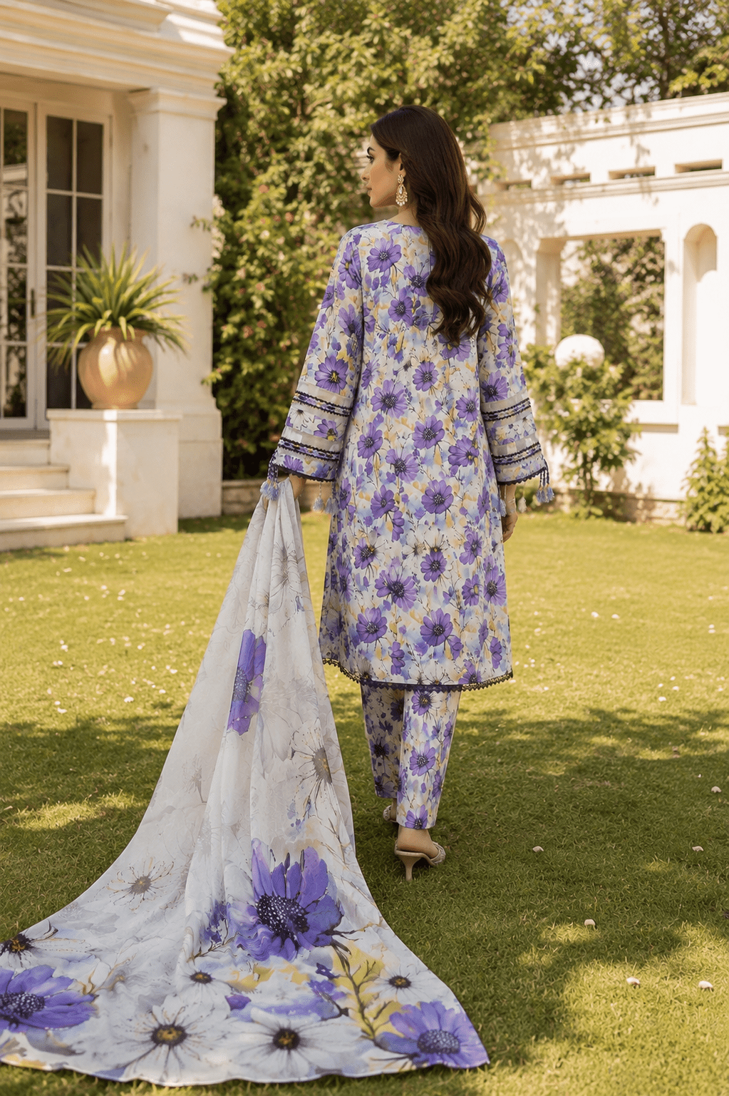 Back View of Women's Purple Floral Printed Lawn 3 Piece Suit with Elegant Dupatta – Pakistani Designer Lawn Collection