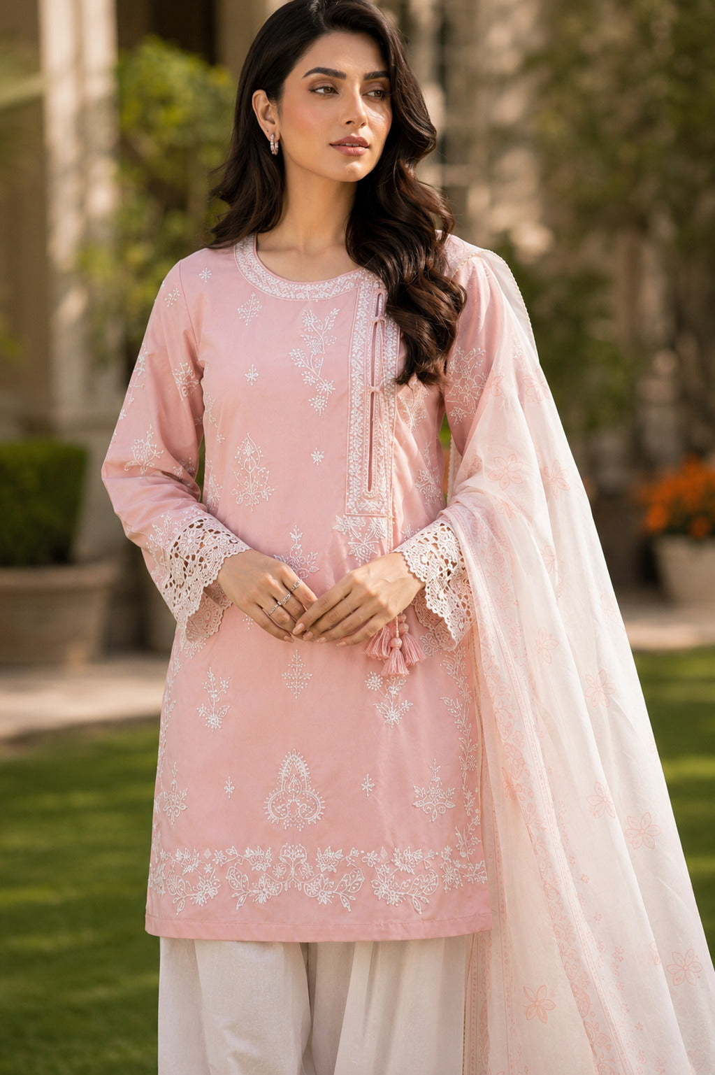Roshni Approved embroidered lawn shirt front view featuring intricate embroidery, lace details and premium Pakistani ready to wear outfit