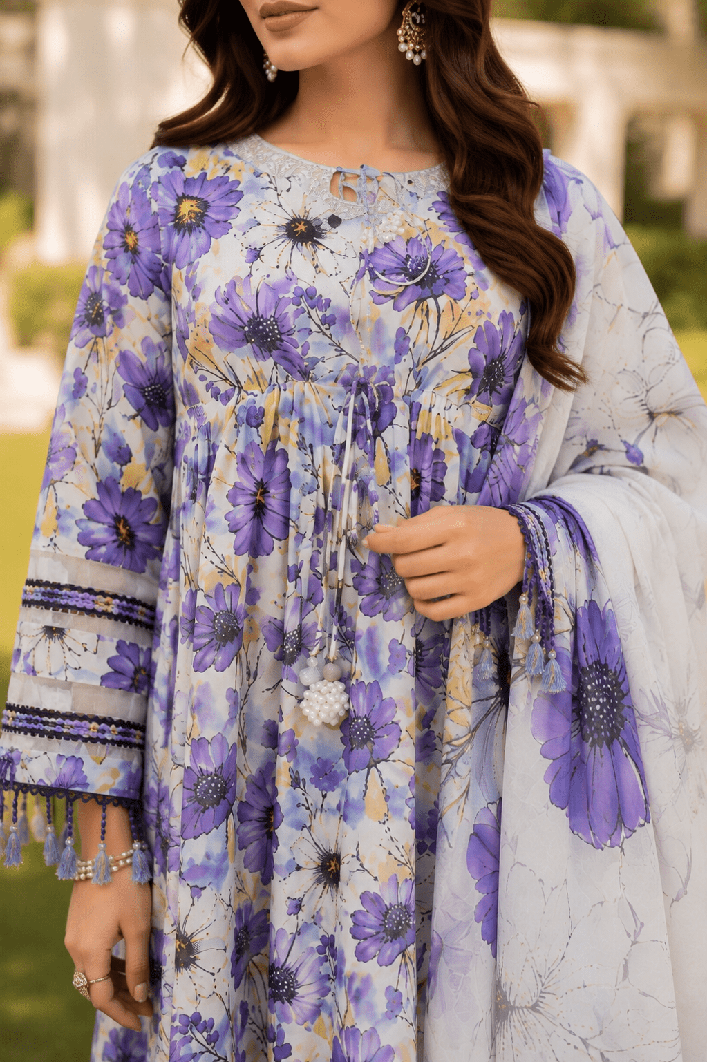 Close-Up Front Detail of Purple Floral Printed Lawn Dress Featuring Neckline Design, Floral Print and Premium Fabric Finish
