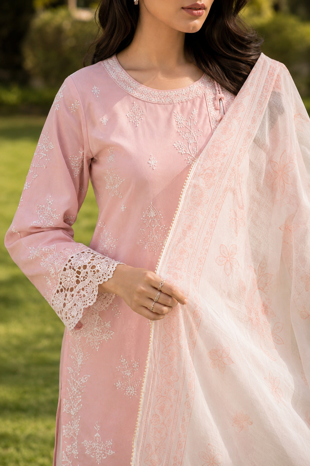 Close up of Roshni Approved embroidered lawn suit highlighting neckline embroidery, tassel details and printed dupatta craftsmanship