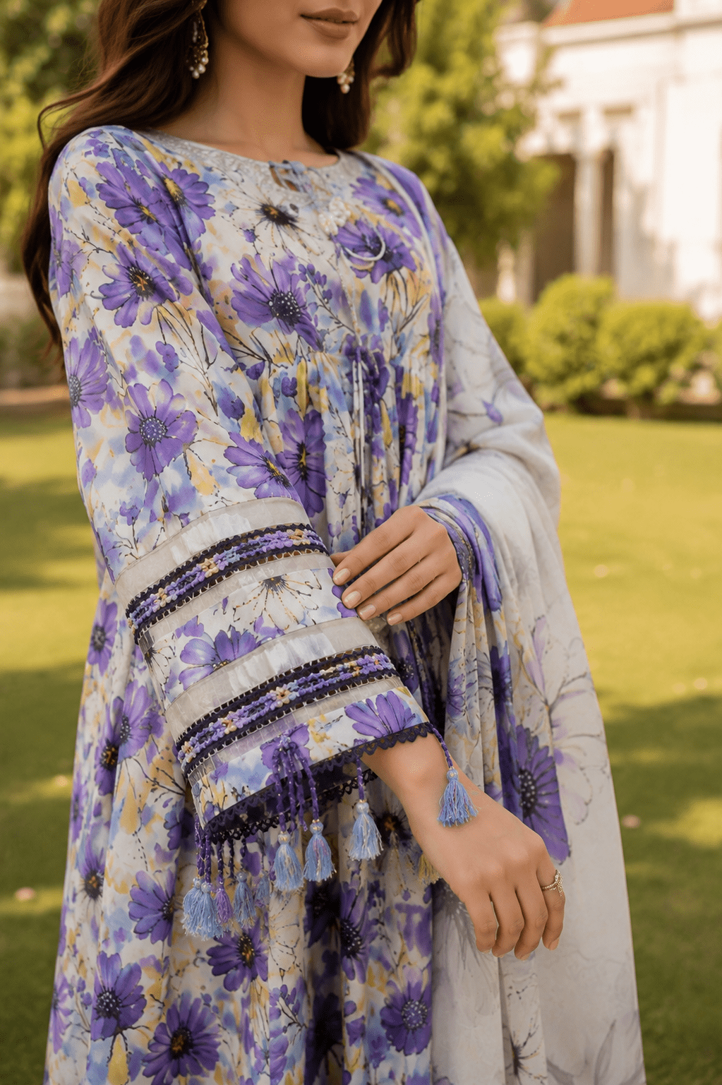 Close-Up Sleeve Embroidery and Tassel Detail on Purple Floral Printed Lawn Shirt – Pakistani Women's Fashion