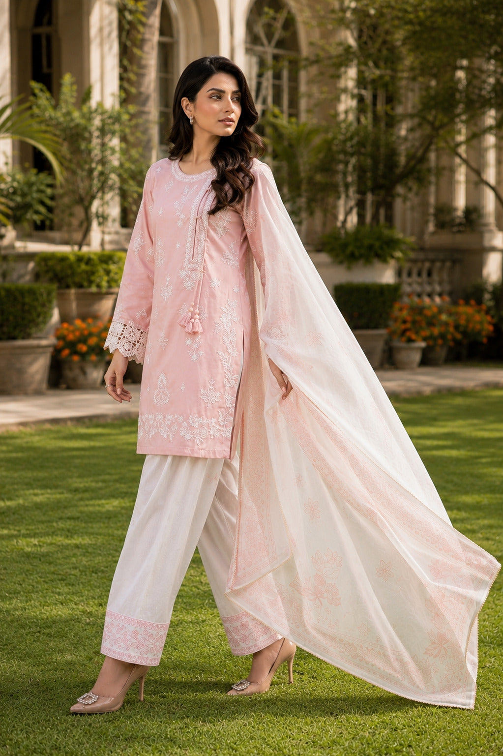 Roshni Approved luxury lawn collection side walking pose featuring embroidered shirt, printed dupatta and elegant Pakistani designer outfit