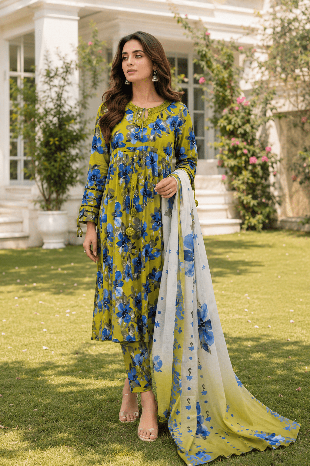 Women's Olive Green & Blue Floral Printed Lawn 3 Piece Suit with Printed Dupatta – Premium Pakistani Summer Collection