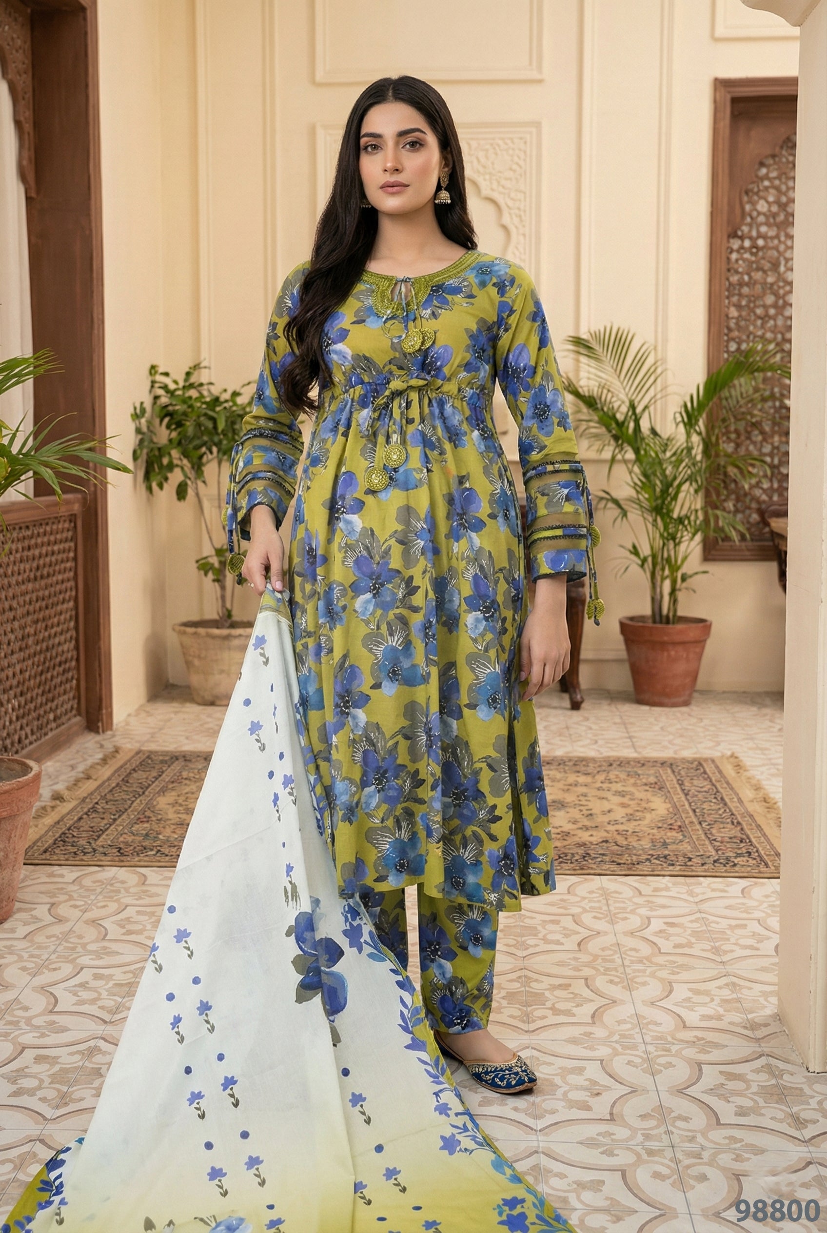 GULYAAN parrot green floral printed 3 piece lawn suit with chiffon dupatta