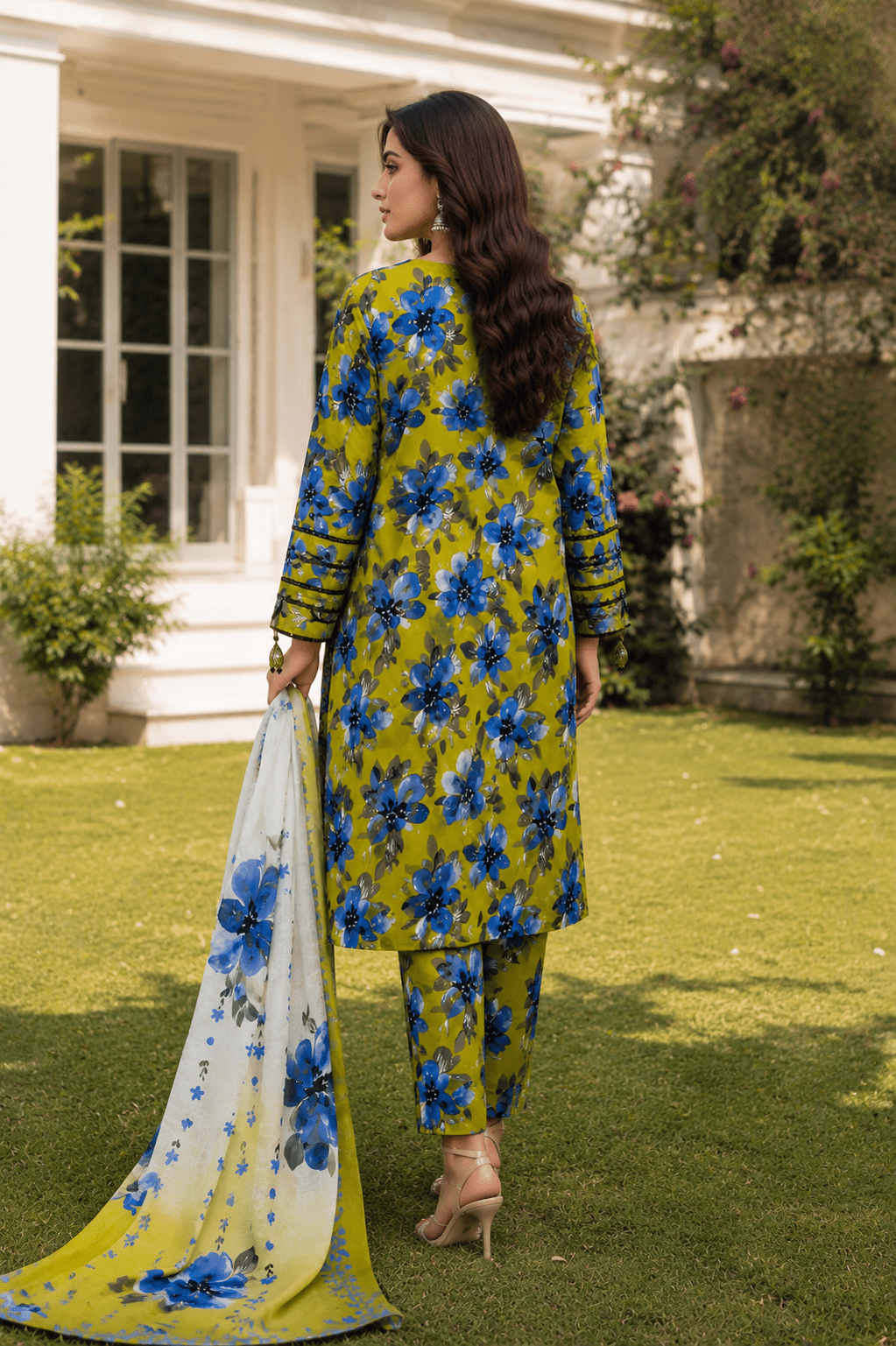 Back View of Olive Green Floral Lawn 3 Piece Suit with Printed Dupatta – Pakistani Women's Fashion