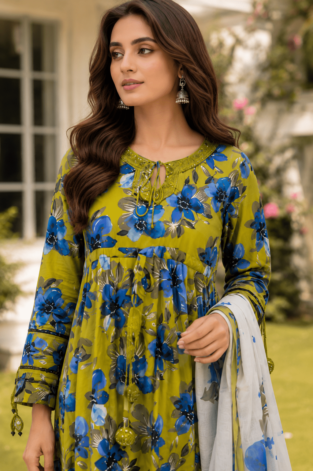 Close-Up Front Detail of Olive Green Floral Printed Lawn Suit Featuring Neckline and Fabric Design