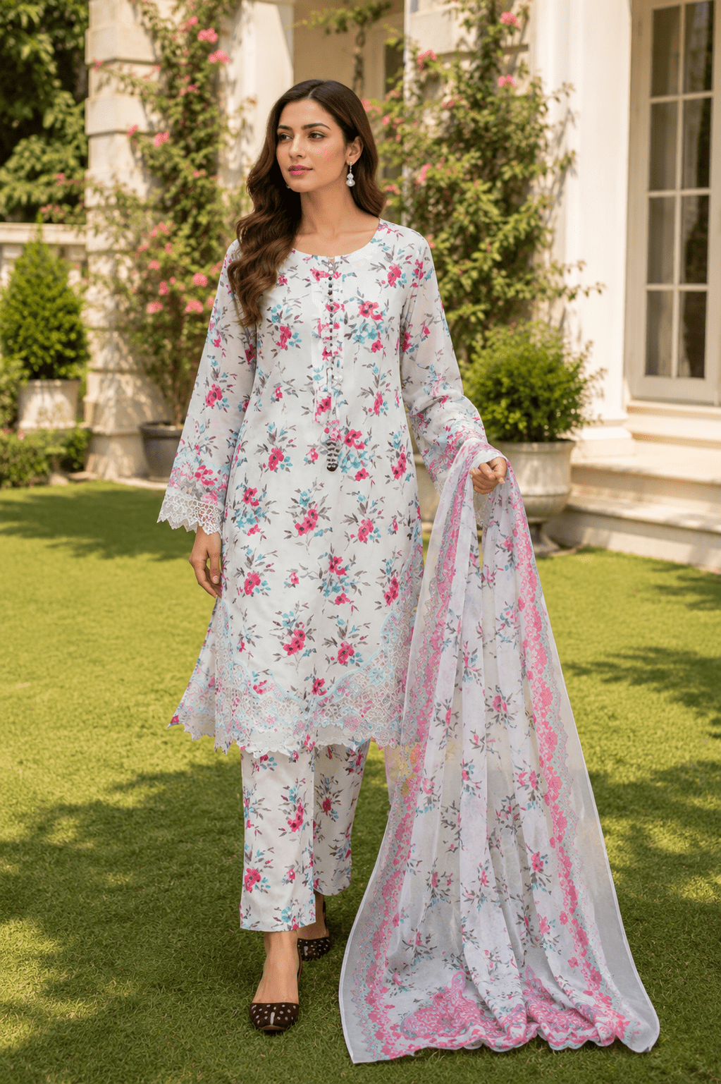 Ameer's 43800 women's floral printed lawn suit sleeve detail with embroidered lace cuff, premium Pakistani summer collection