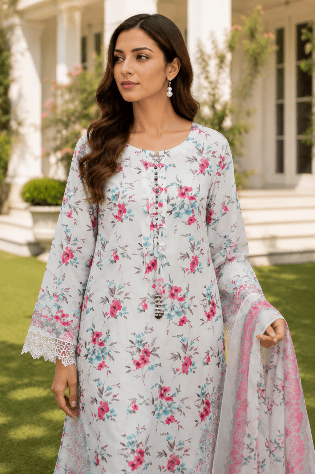 Luxury women's lawn suit sleeve close-up showing intricate lacework, floral pattern and premium stitching details