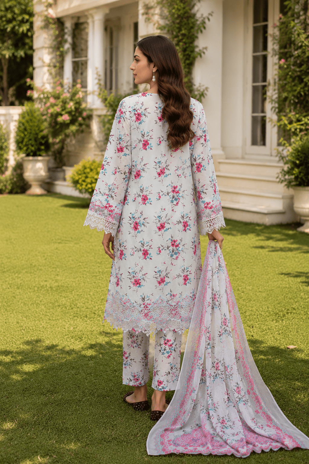 High-end lawn suit cuff detail with delicate embroidery, floral design and premium garment finishing for women