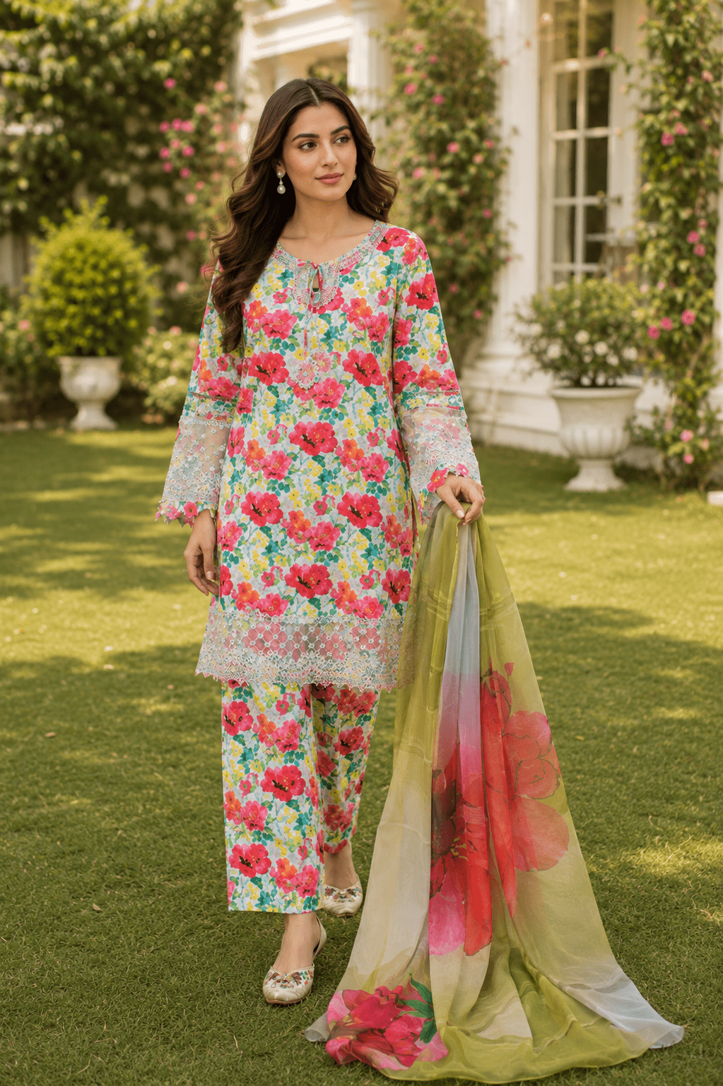 Ameer's 97500 floral lawn suit sleeve detail with embroidered lace cuff and premium Pakistani summer collection design