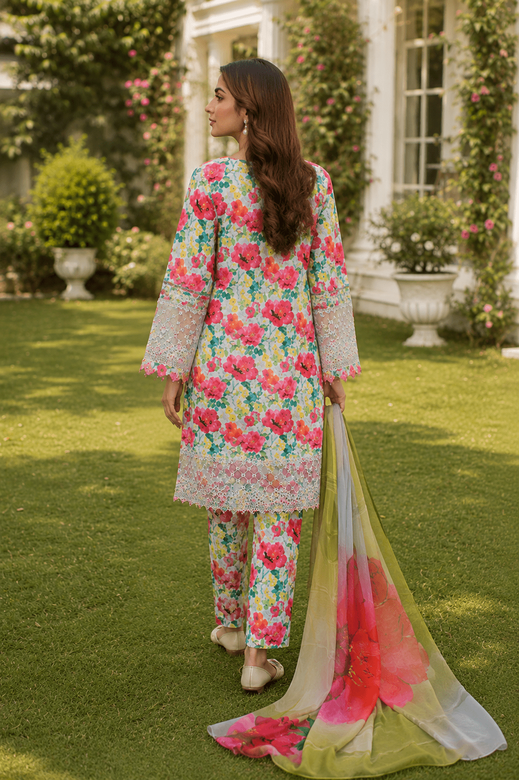 Luxury Pakistani lawn suit sleeve embroidery close-up featuring floral lacework, premium stitching and summer fashion details