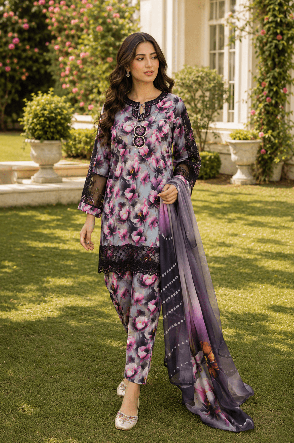 Ameer's 97500 black pink floral printed lawn suit with embroidered neckline, matching trouser and chiffon dupatta – Pakistani women's summer collection front view