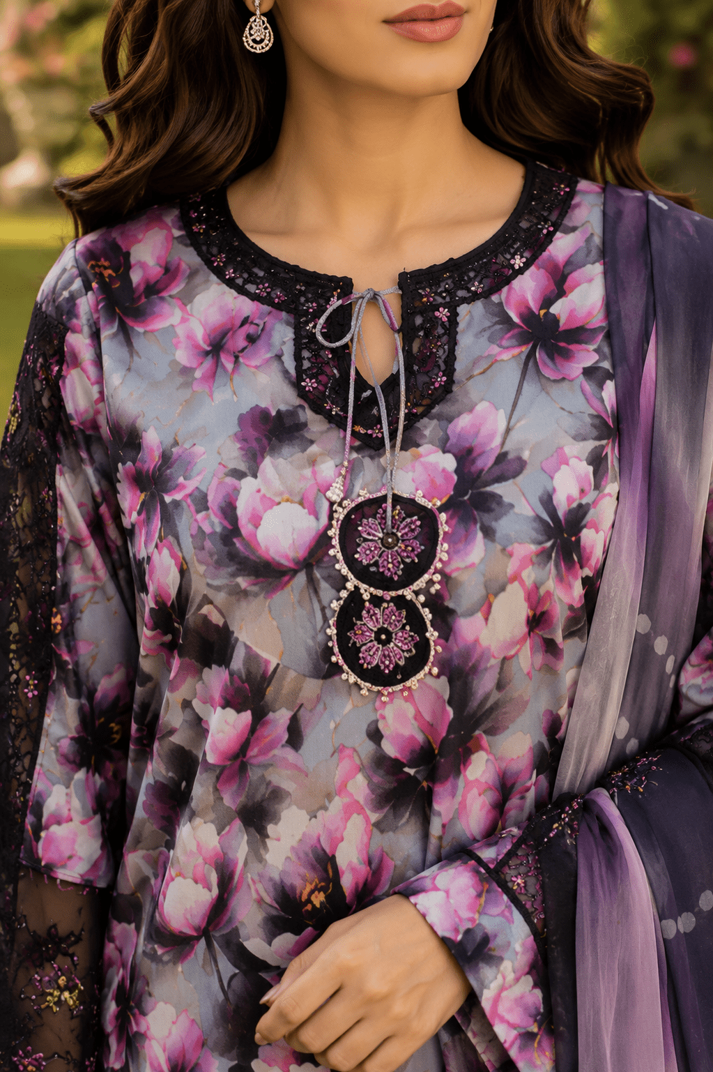 Close-up front detail of Ameer's 97500 floral lawn shirt featuring embroidered neckline, tassels, premium stitching and luxury fabric print