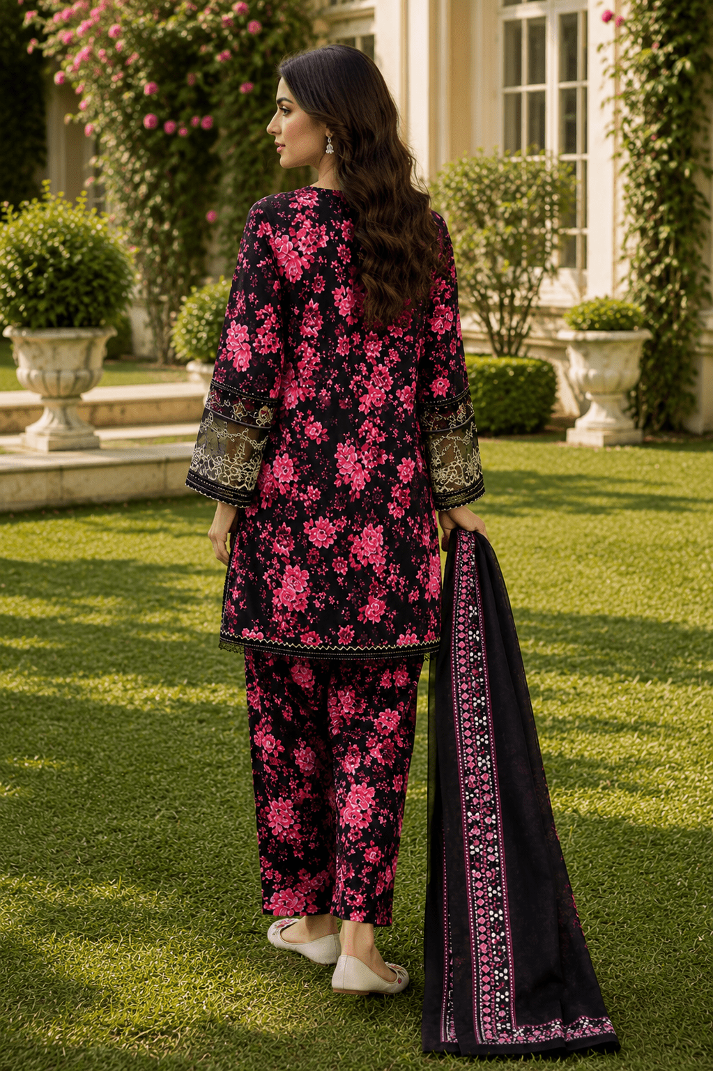 Black & pink floral Pakistani lawn suit back view with printed dupatta, embroidered sleeves and matching trousers showcased in a luxury garden fashion photoshoot.