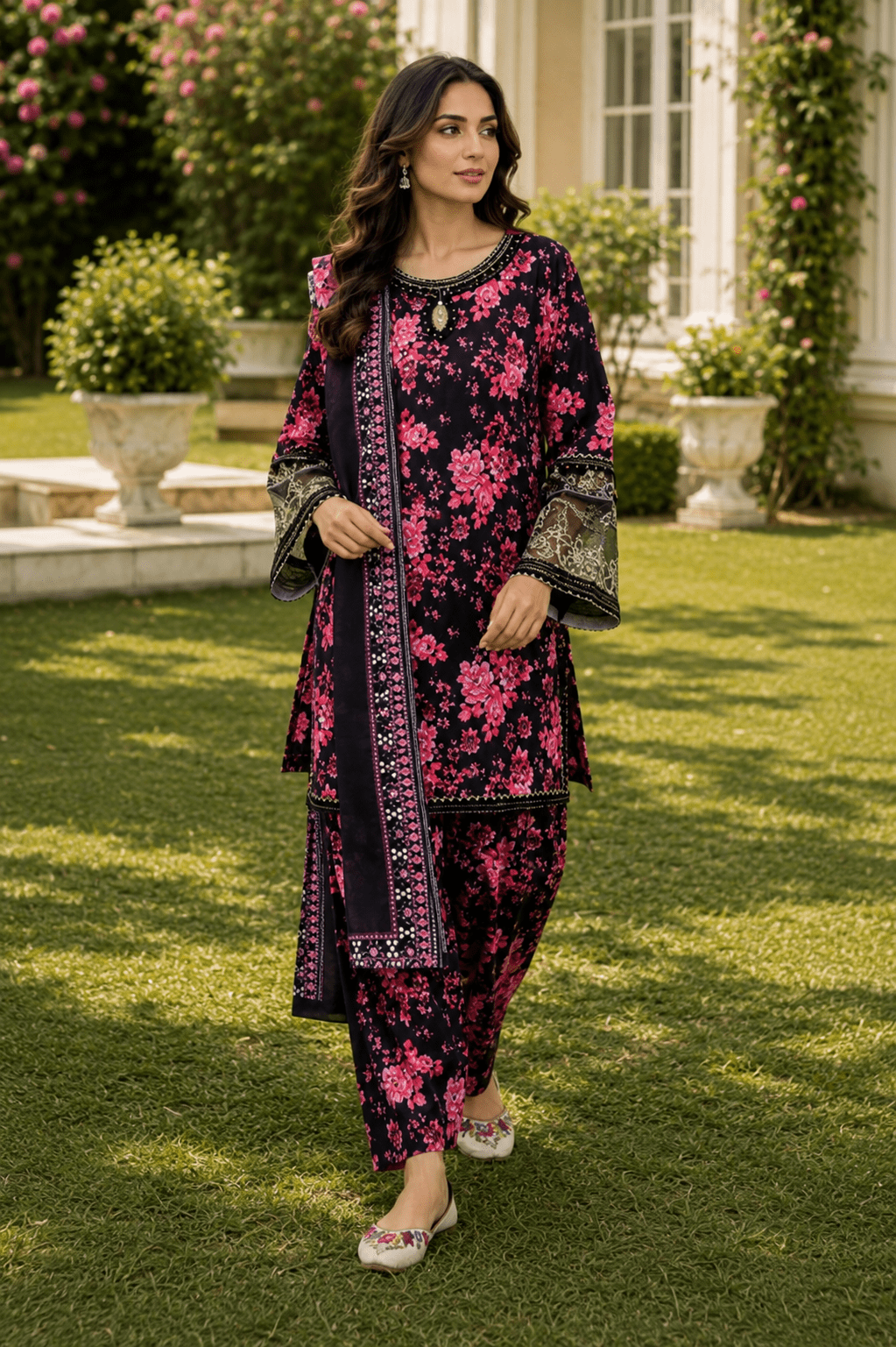 Black and pink floral 3 piece Pakistani lawn suit for women with printed dupatta, embroidered sleeves and matching trousers in luxury outdoor fashion photography.