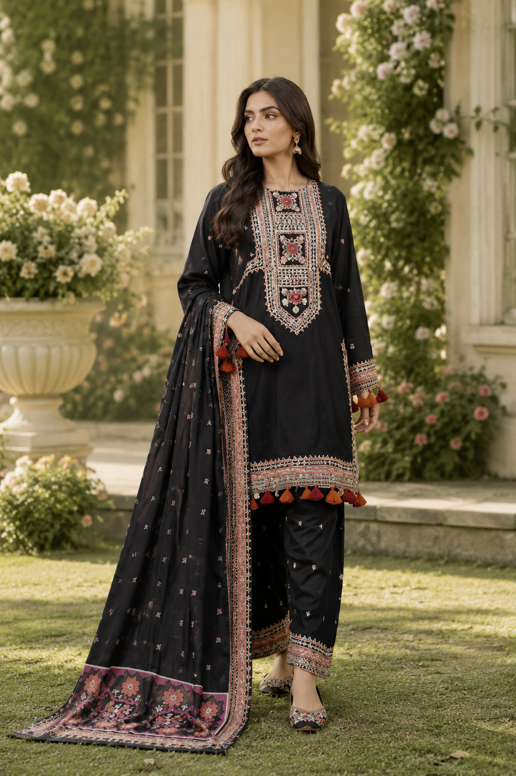 Pakistani women’s black floral embroidered lawn suit with designer dupatta and embroidered sleeves in luxury garden photoshoot