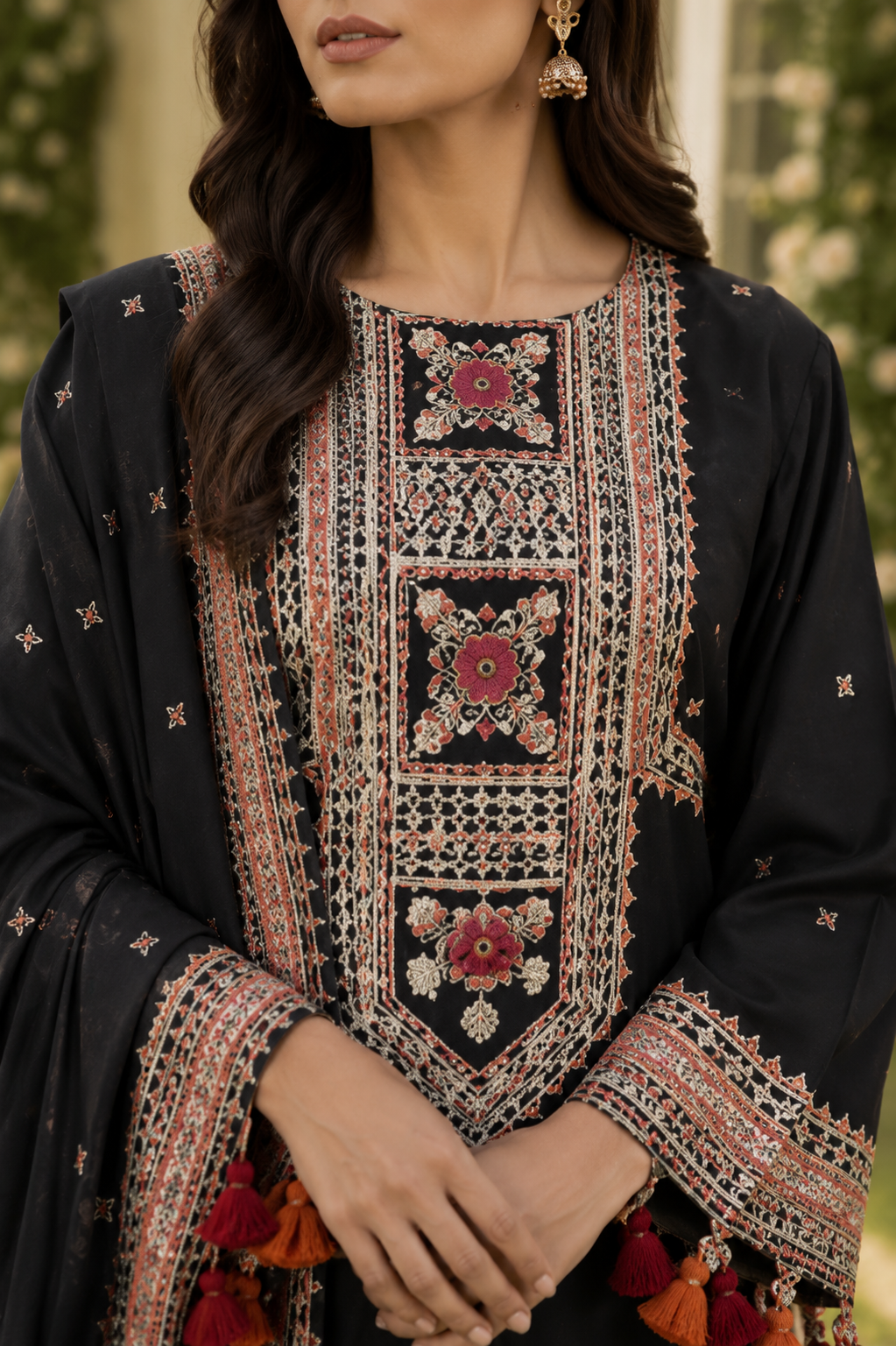Close-up front detail of black embroidered Pakistani lawn suit featuring neckline embroidery, tassels and premium stitching