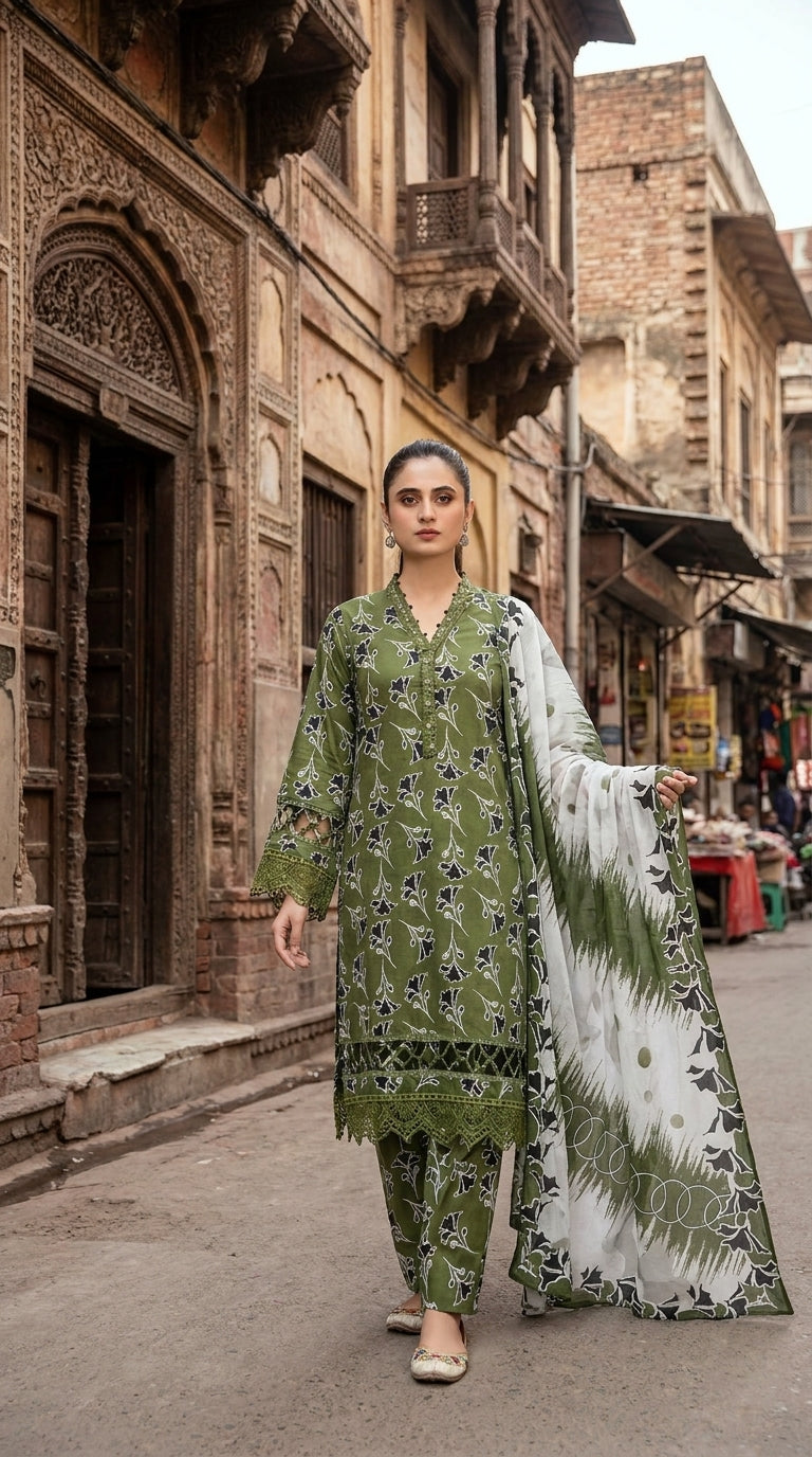 Ameer’s 97900 olive green printed 3 piece lawn suit for women with printed dupatta and matching trousers in Androon Lahore fashion shoot