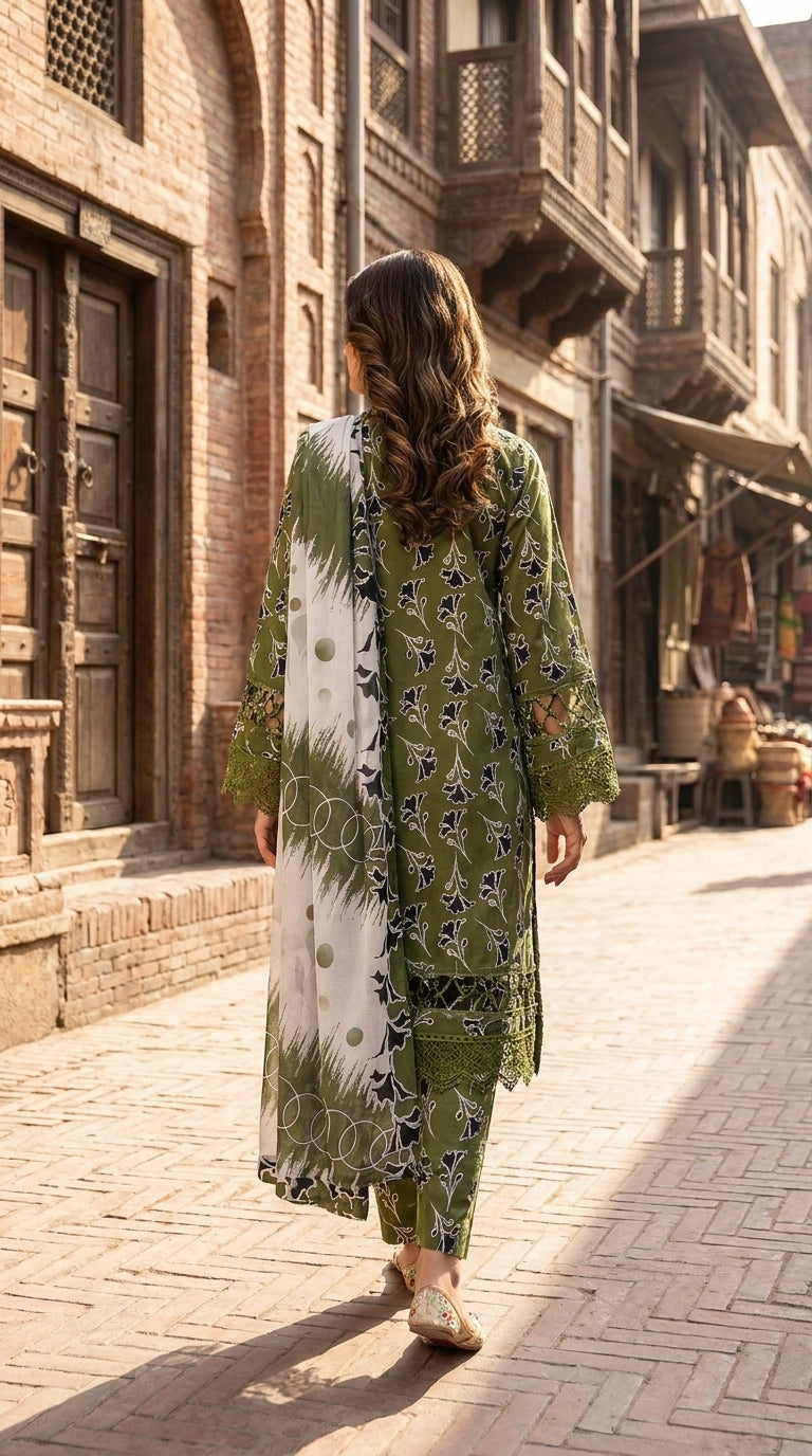 Back view of Ameer’s 97900 olive green printed lawn suit featuring matching printed trousers, designer lace finishing and printed dupatta