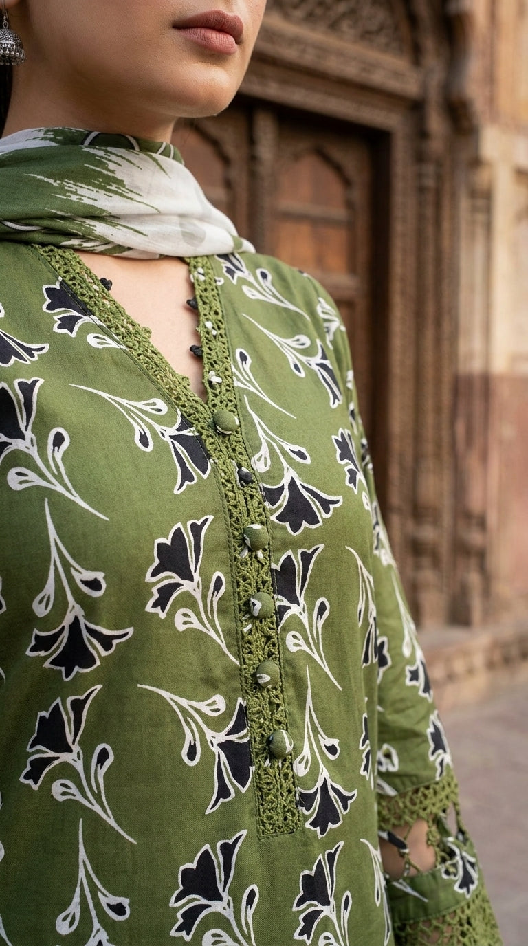 Close-up front detail of Ameer’s 97900 olive green printed lawn shirt showcasing neckline buttons, lace finishing, stitching details and premium fabric texture