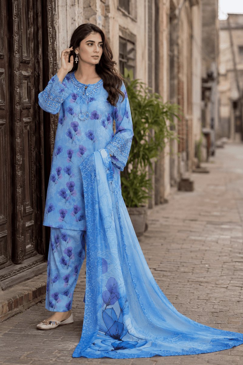 Ameer’s 99200 sky blue floral printed 3 piece lawn suit with embroidered sleeves, printed dupatta and matching trousers for women
