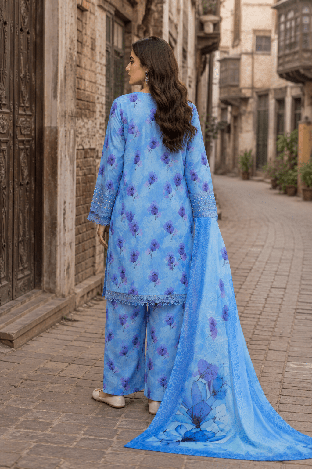 Back view of Ameer’s 99200 sky blue floral lawn suit with printed dupatta and matching trousers in luxury Pakistani fashion shoot