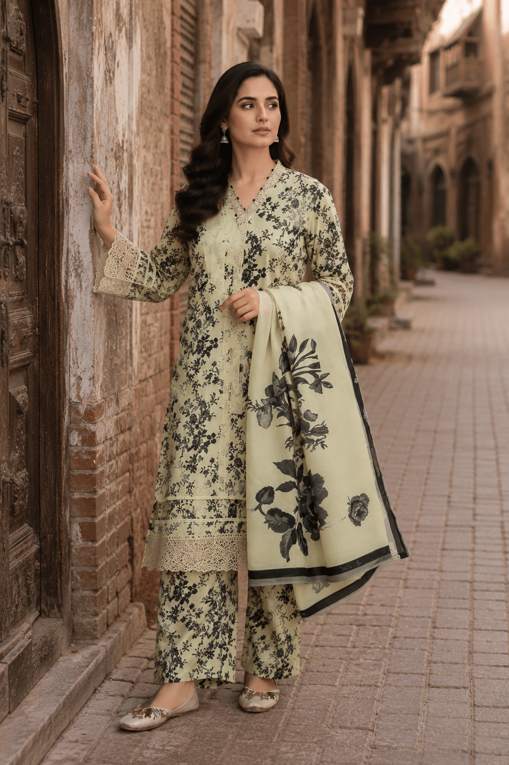 Ameer’s 97900 beige floral printed 3 piece lawn suit for women with printed dupatta and matching trousers in Androon Lahore fashion shoot