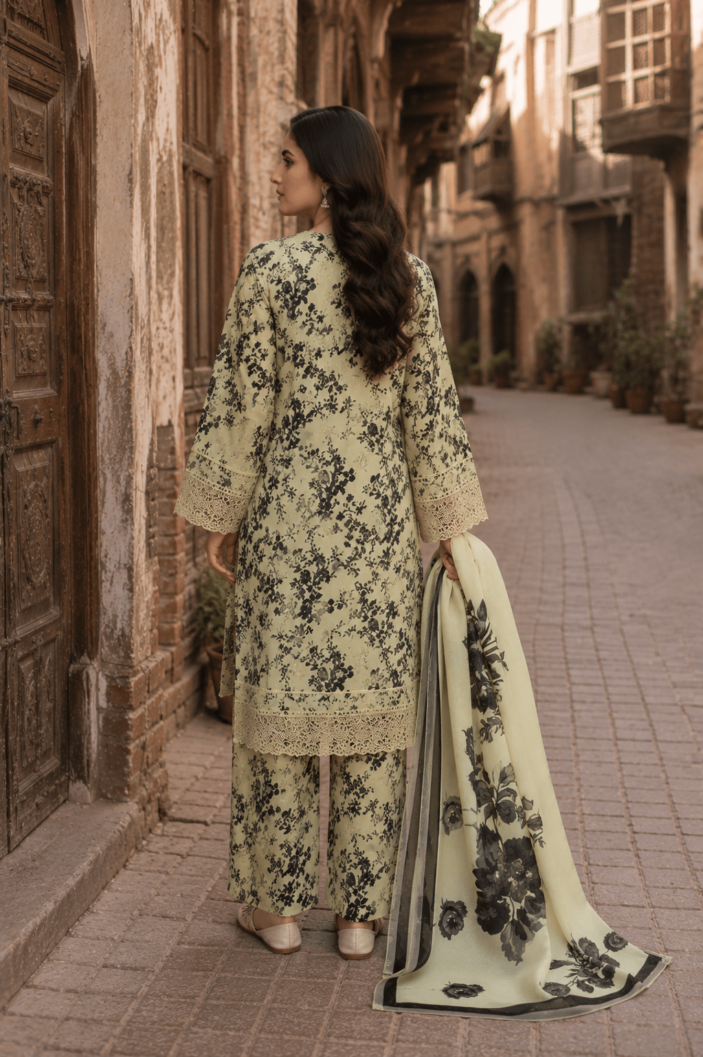 Back view of Ameer’s 97900 beige floral lawn suit featuring printed shirt, matching trousers and elegant floral dupatta