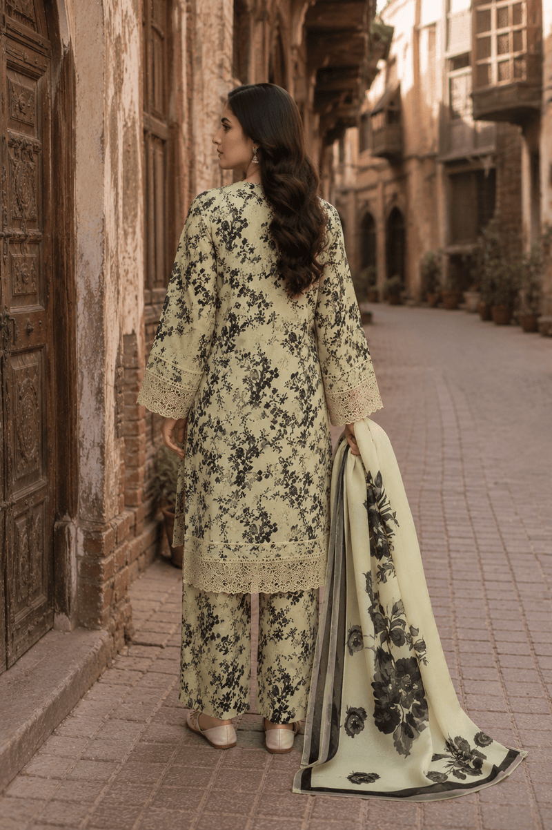 Back view of Ameer’s 97900 beige floral lawn suit featuring printed shirt, matching trousers and elegant floral dupatta