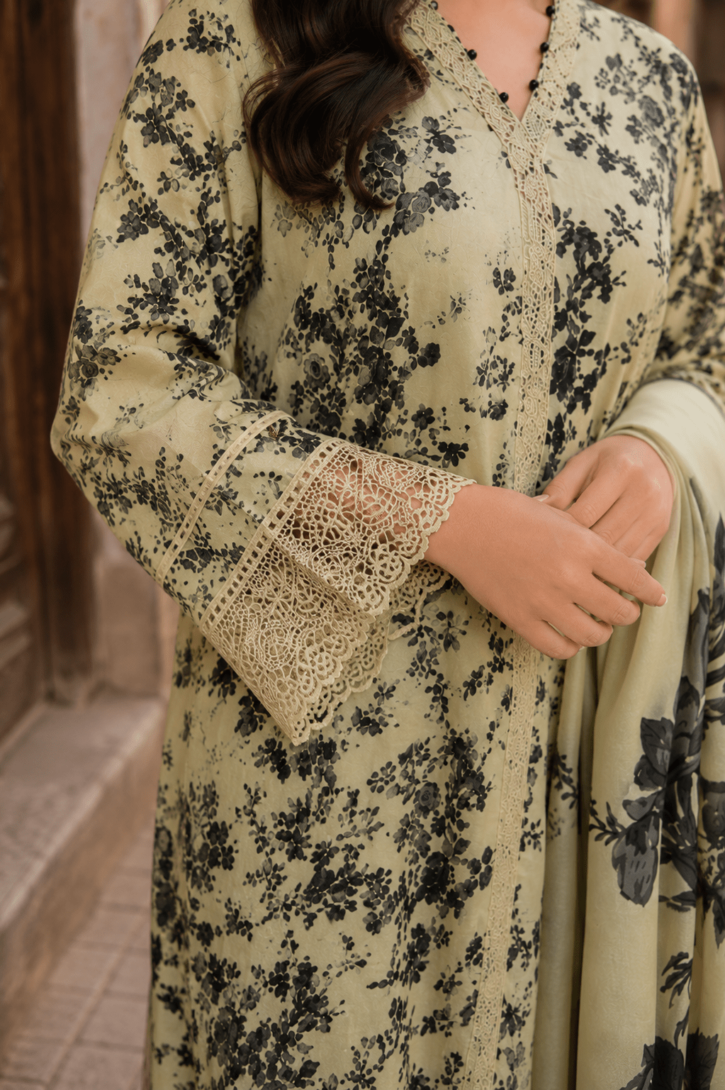 Close-up front detail of Ameer’s 97900 beige floral printed lawn shirt showcasing neckline lace, stitching details and premium fabric texture