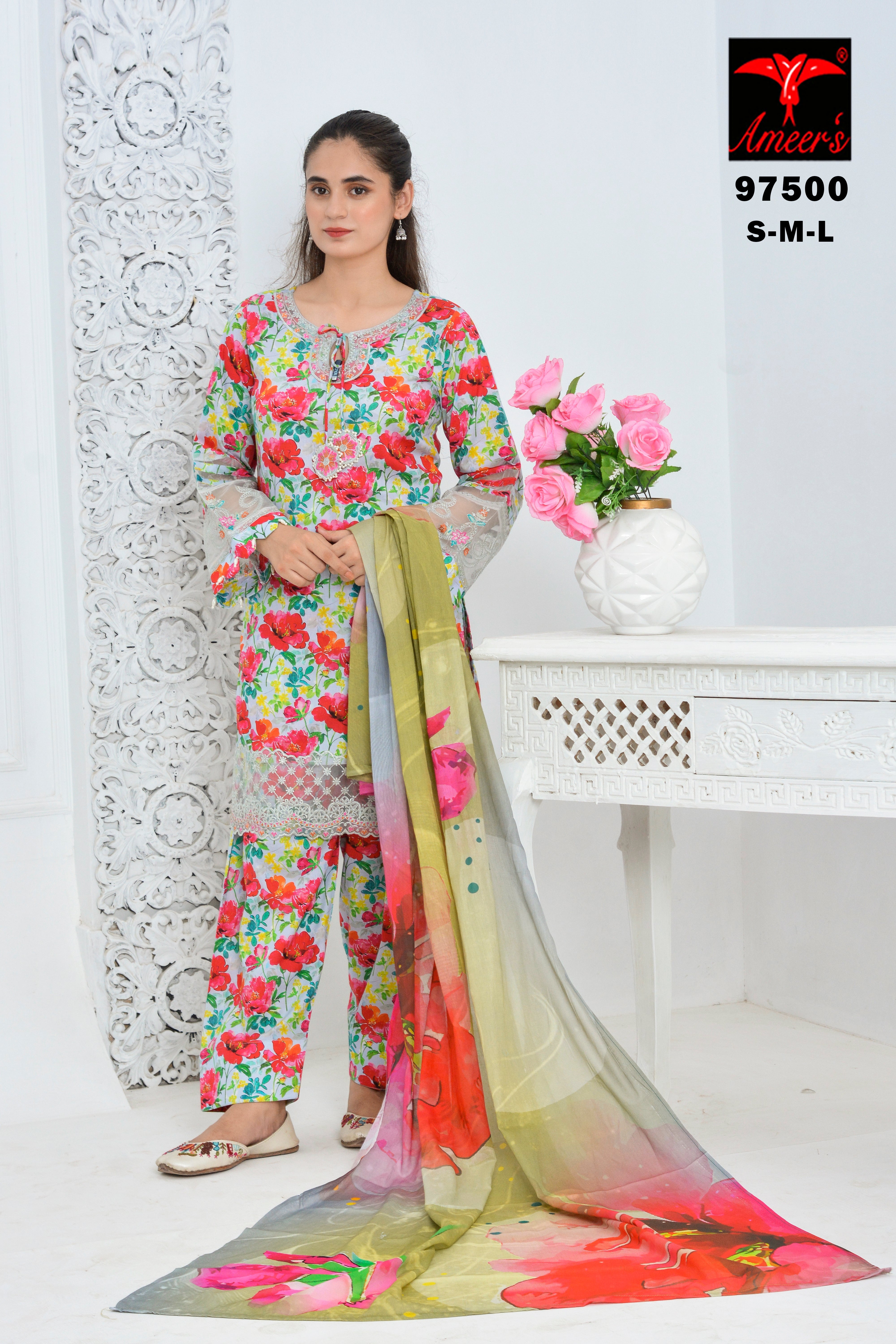 GULAFSHAN pink floral printed 3 piece lawn suit with chiffon dupatta
