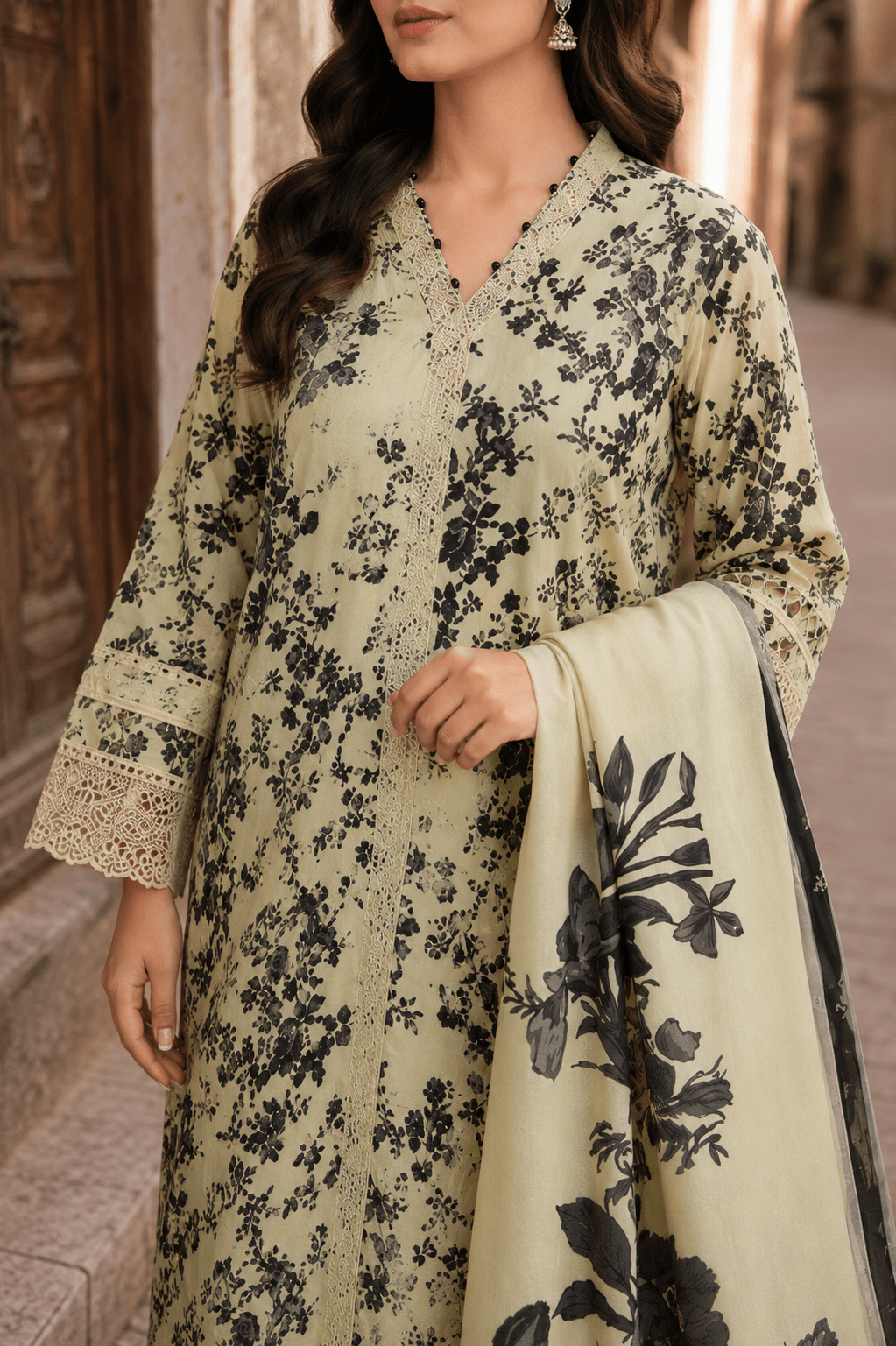 Close-up sleeve detail of Ameer’s 97900 beige floral lawn suit highlighting intricate lace cuffs, stitching quality and designer sleeve finishing
