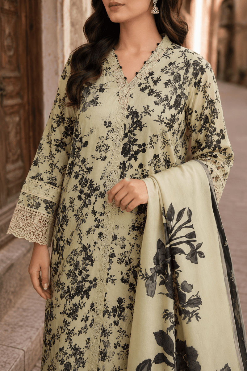 Close-up sleeve detail of Ameer’s 97900 beige floral lawn suit highlighting intricate lace cuffs, stitching quality and designer sleeve finishing