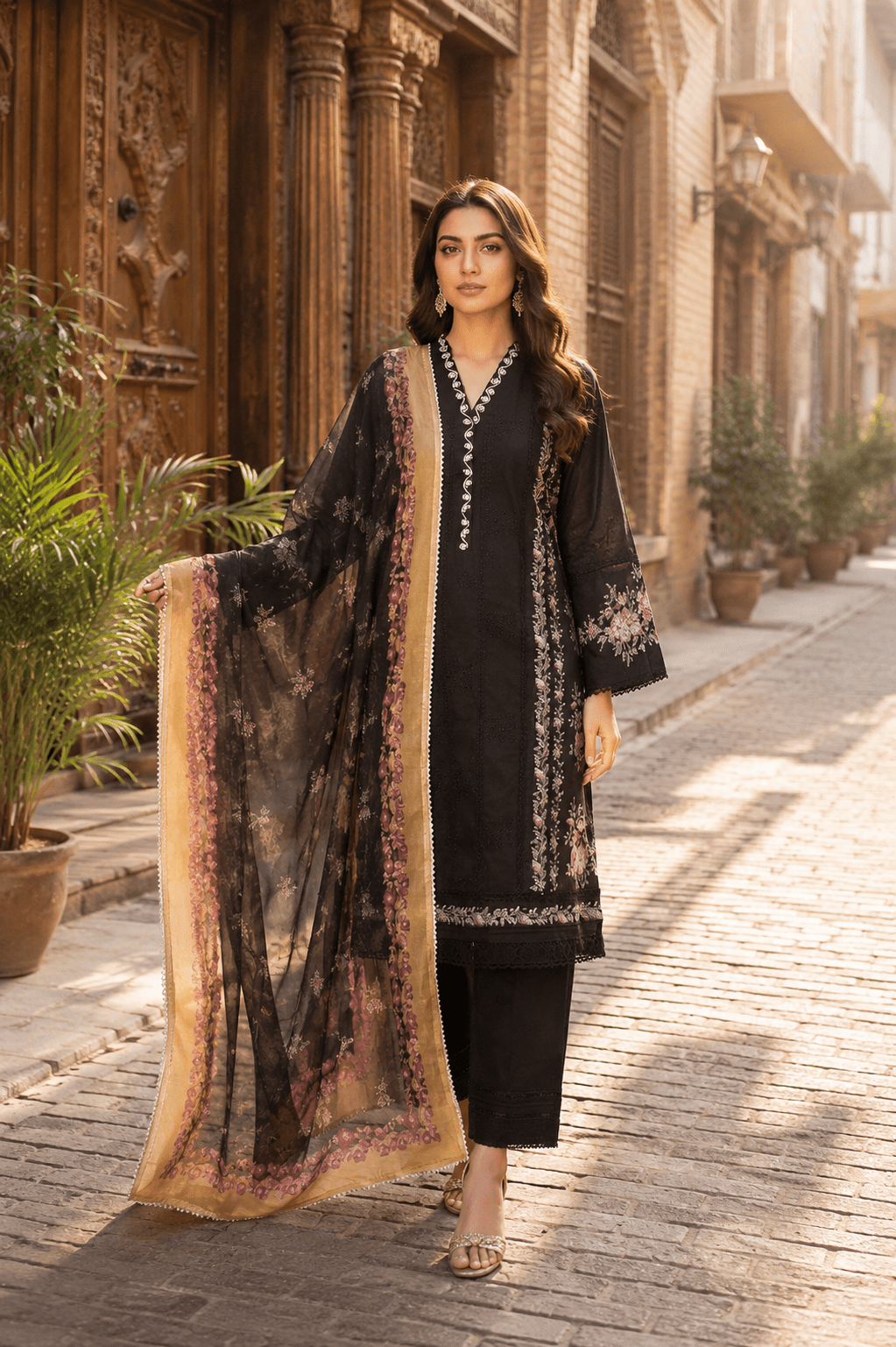 Luxury Pakistani black embroidered lawn suit with printed chiffon dupatta, front view model walking in Old Lahore heritage street, premium women's unstitched summer collection.