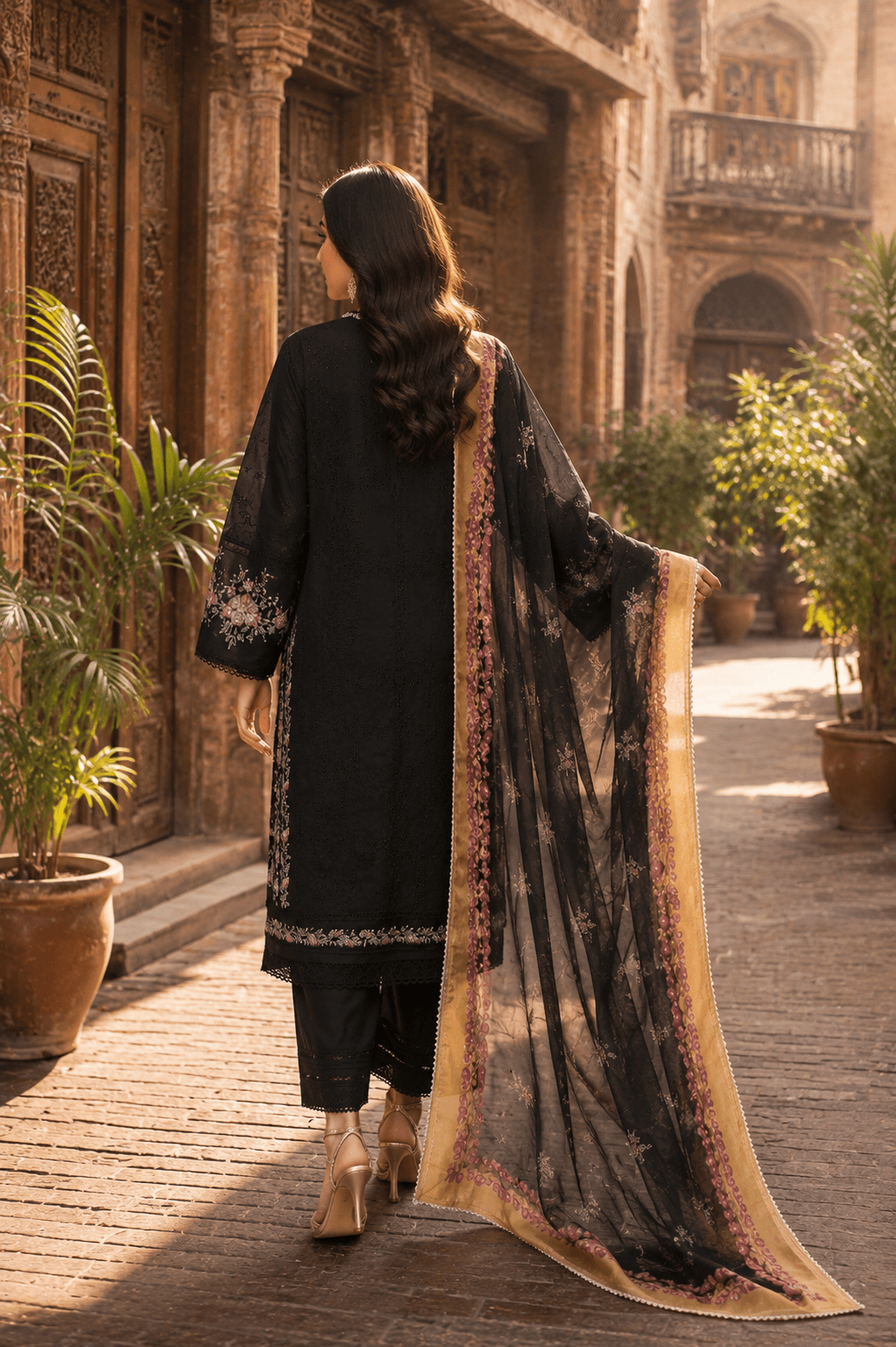 Back view of black embroidered Pakistani lawn suit with floral printed chiffon dupatta, luxury women's ethnic wear photographed in Old Lahore heritage street.