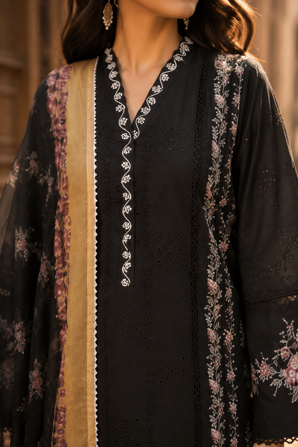 Close-up neckline detail of black embroidered Pakistani lawn shirt featuring lace finishing, floral embroidery and premium fabric craftsmanship.