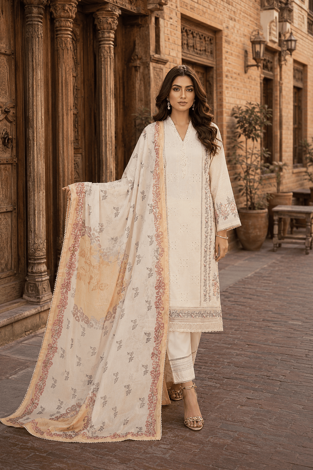 Luxury off white embroidered Pakistani lawn suit with printed chiffon dupatta, front view fashion model in Old Lahore heritage street, premium summer collection.