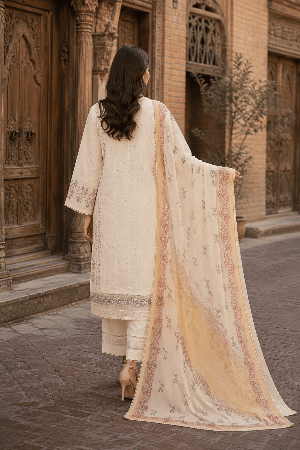 Back view of off white embroidered Pakistani lawn suit with printed dupatta, luxury women's ethnic wear photographed in historic Lahore street.