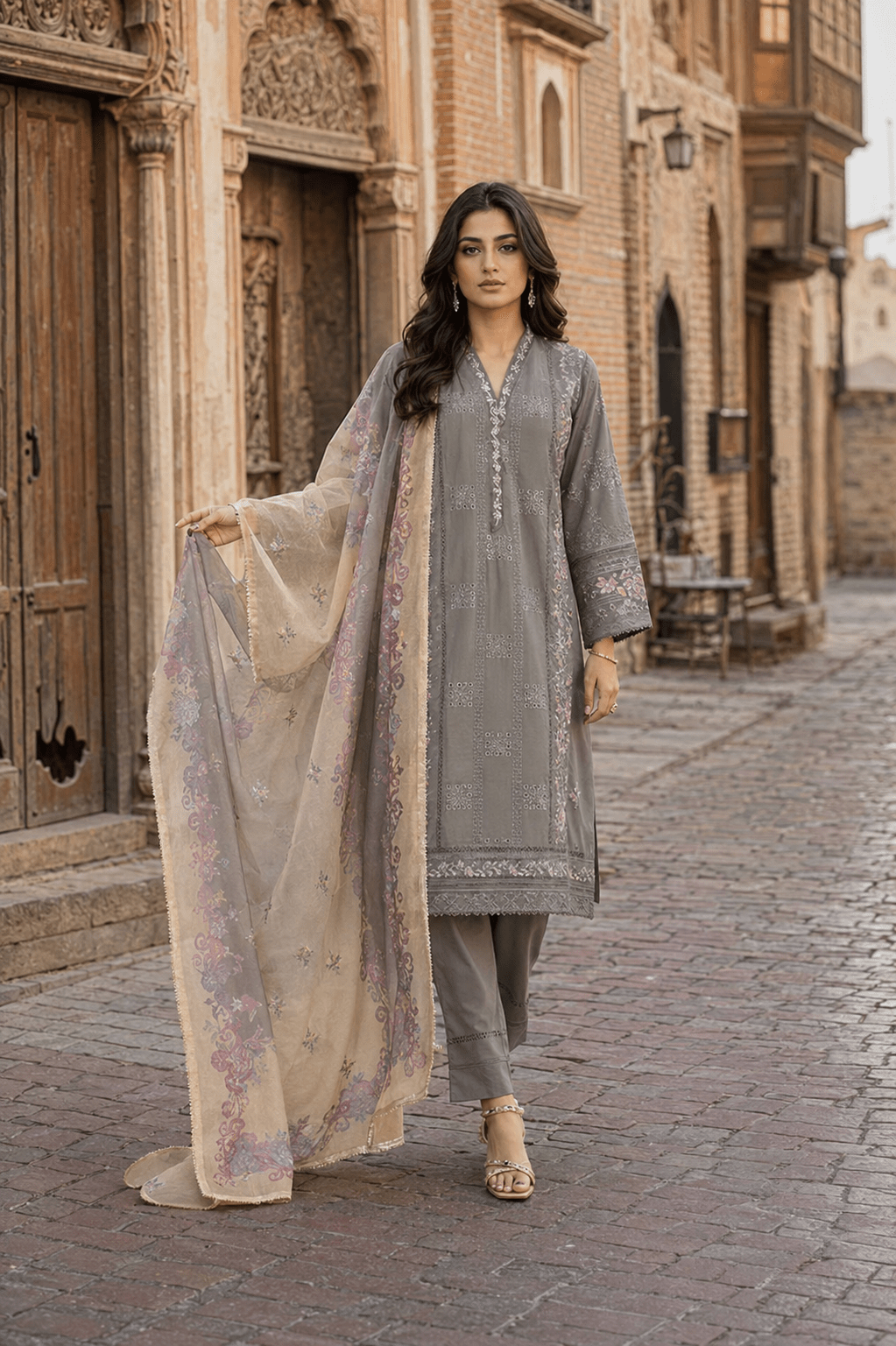 Luxury grey embroidered Pakistani lawn suit with printed chiffon dupatta, fashion model walking in Old Lahore street, premium women's summer collection.