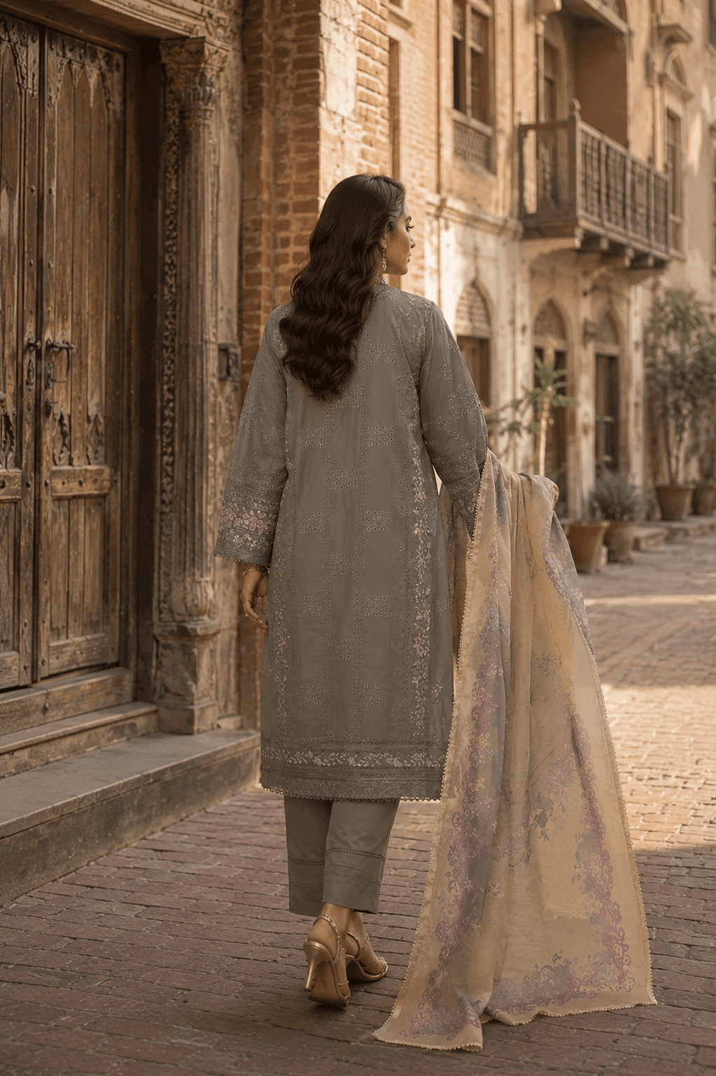 Back view of grey embroidered Pakistani lawn suit with floral printed dupatta photographed in traditional Lahore heritage street.